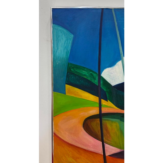 Metal 1978 Colorful Cubic Abstract Landscape Oil Painting on Canvas For Sale - Image 7 of 15