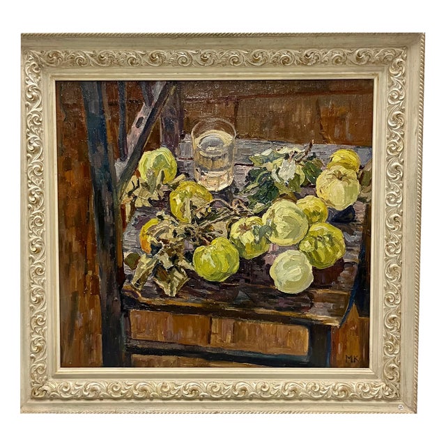 Maya Kopitzeva, Green Apples, Oil Painting, 1988, Framed For Sale