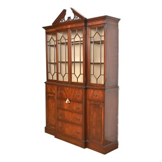 1940s Charak Furniture Georgian Carved Flame Mahogany Lighted Breakfront Bookcase Cabinet With Secretary Desk For Sale