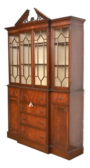 1940s Charak Furniture Georgian Carved Flame Mahogany Lighted Breakfront Bookcase Cabinet With Secretary Desk