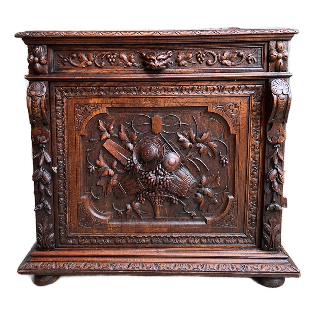 Antique French Wine Cabinet Sideboard Renaissance Revival Carved Oak C1890 For Sale