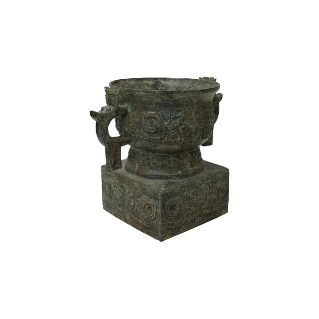 Vintage Style Ancient Ritual Bronze Vessel Display Art For Sale In San Francisco - Image 6 of 11