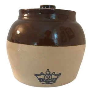 Antique Robinson Ransbottom Bean Pot Crock Jug Brown #2 Lid Clay Pottery Rustic