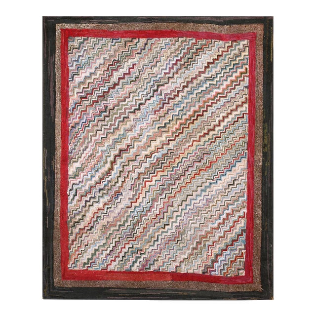 1900s Multicolor Chevron Folk Art Antique American Hooked Rug 4' 5" X 5' 4" Handknotted Wool Carpet For Sale
