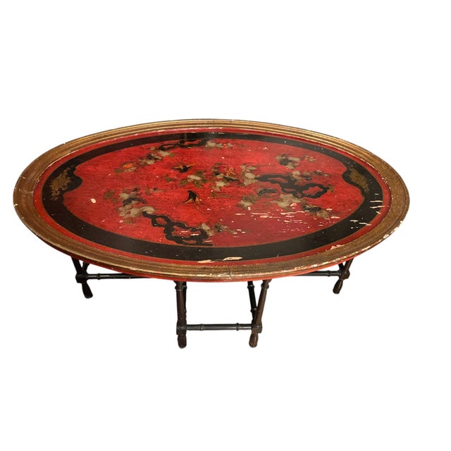 Stunning Italian Vintage Chinoiserie tray style coffee table with hand-decorated Asian scene to top supported by faux...