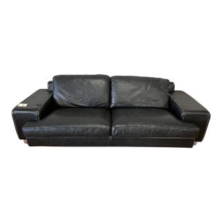 Roche Bobois Black Pebble Leather MId Century Leather Sofa For Sale