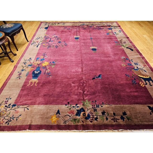 Vintage Chinese Art Deco Hand-Knotted Rug, Floral Motif, Wool, 1900s, 9' x 12' For Sale - Image 17 of 18