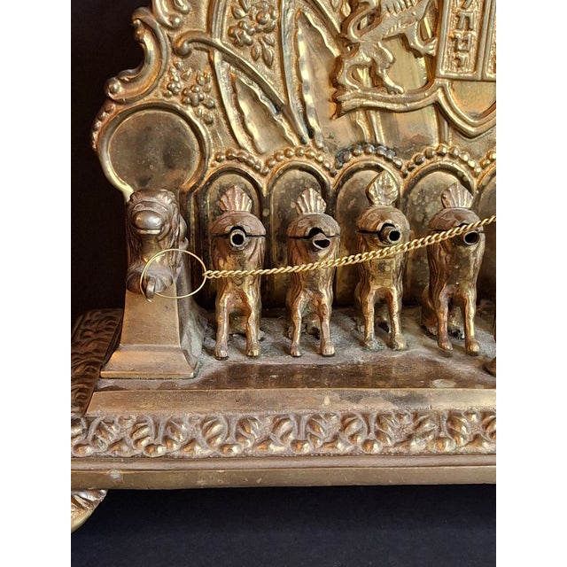 Antique European Brass Lion Menorah Rare 19th Century Hinged Oil Lamp Hanukkah Chanukiah Judaica For Sale - Image 9 of 18