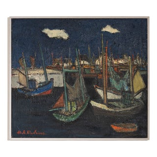 Hubert Henri de Vries, Boats in the Harbor, Antwerp, 1960s, Oil on Canvas For Sale