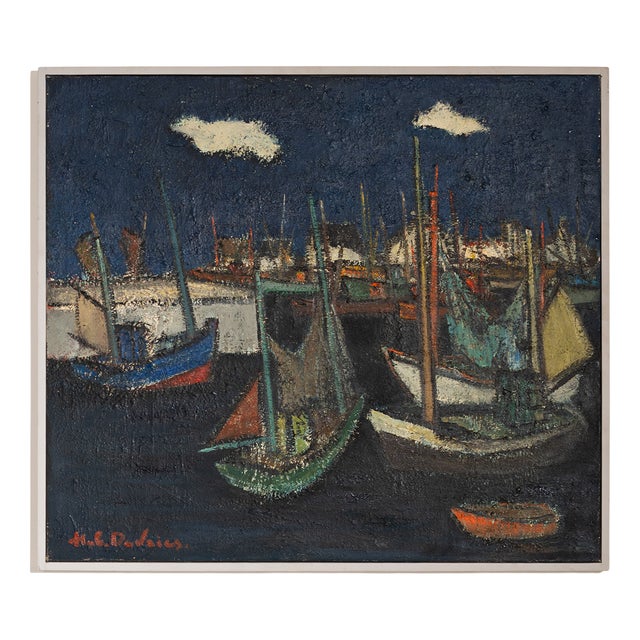 Hubert Henri de Vries, Boats in the Harbor, Antwerp, 1960s, Oil on Canvas For Sale