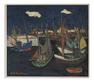 Hubert Henri de Vries, Boats in the Harbor, Antwerp, 1960s, Oil on Canvas