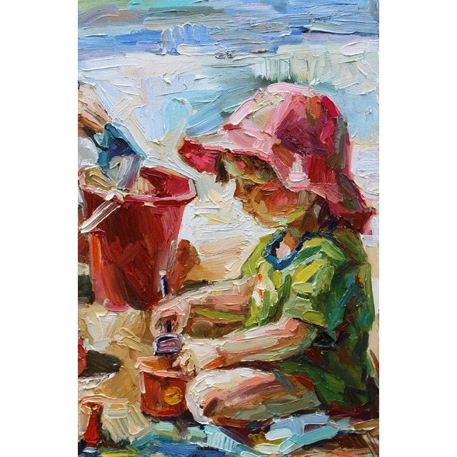 "Beach Day Sand Castle" Impressionist Oil Painting of Children on Canvas by Natalia Bessonova 2012 For Sale In New York - Image 6 of 7