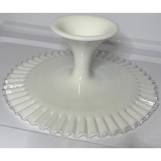 1960s Vintage Fenton Silver Crest Milk Glass Pedestal Cake Stand With Ruffled Clear Edge For Sale - Image 5 of 7