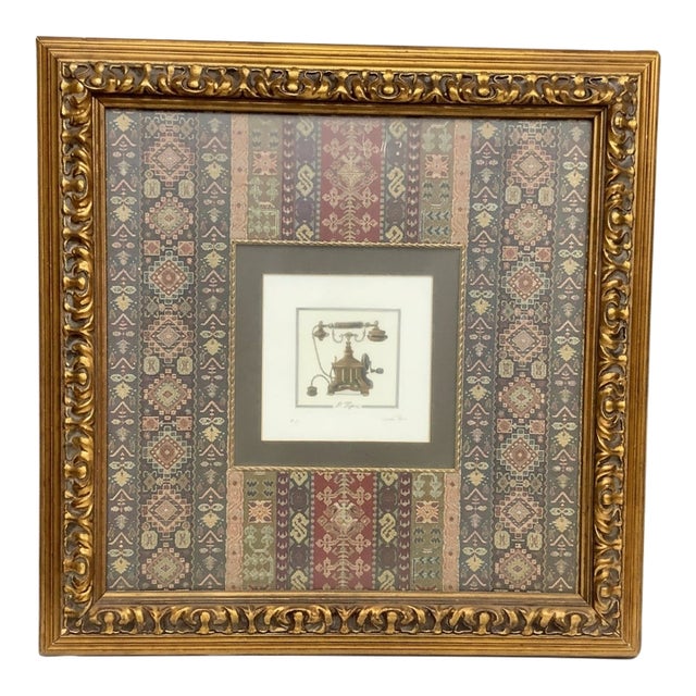 Vintage Telephone Print With Persian Textile Mat in Ornate Gilt Frame For Sale