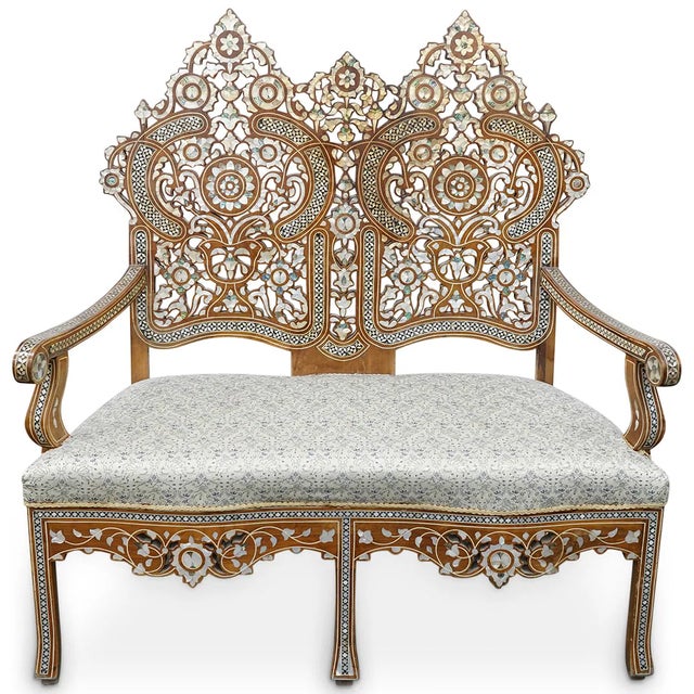 Antique Moroccan Love Seat Inlaid & Pair of Chairs For Sale - Image 10 of 10