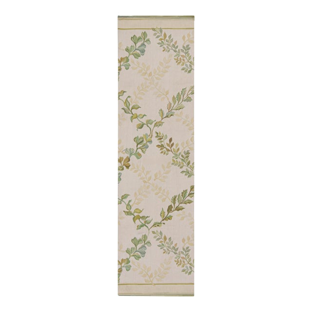 Rug & Kilim’s Tudor Style Flatweave Runner in Cream and Green Floral Patterns For Sale
