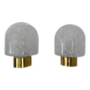 Brass Sconces White Speckled Murano Glass by Itre, Italy, 1970s, Set of 2