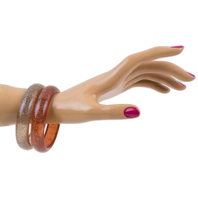 1960s Orange Lucite Bracelet Bangle With Metallic Confetti Inclusions - a Pair For Sale - Image 5 of 5