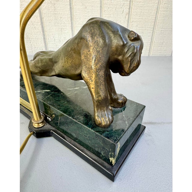 Art Deco Vintage Stretching Lion Bronzed Metal and Marble Desk Writing Table Foyer Table Lamp For Sale - Image 3 of 12