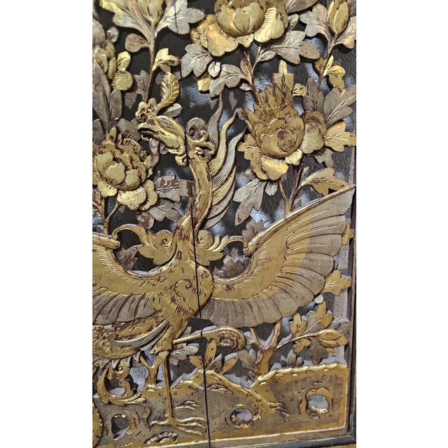 Red Late 19th Century Antique Hand Carved Gilt Chinese Figural Red Lacquered Wood Panel Green Accents For Sale - Image 8 of 12