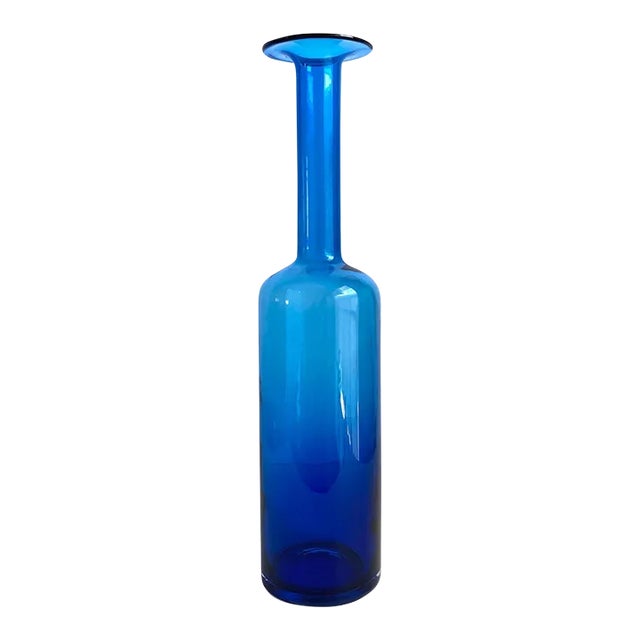 Mid Century Modern Blue Art Glass Vase Attributed to Holmegaard Large 17” Tall For Sale