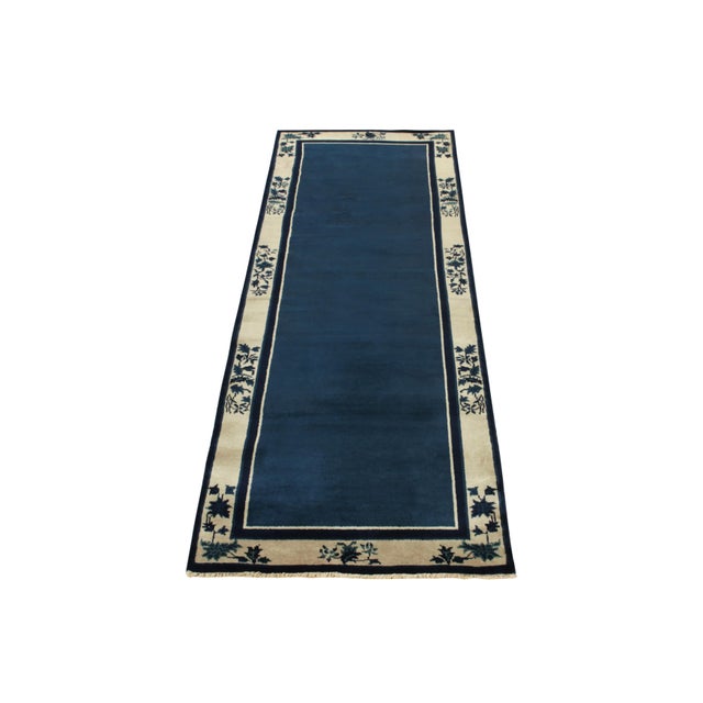 Art Deco Rug & Kilim’s Vintage Twin Runner Rugs, Blue Open Field With Cream Floral Border For Sale - Image 3 of 5