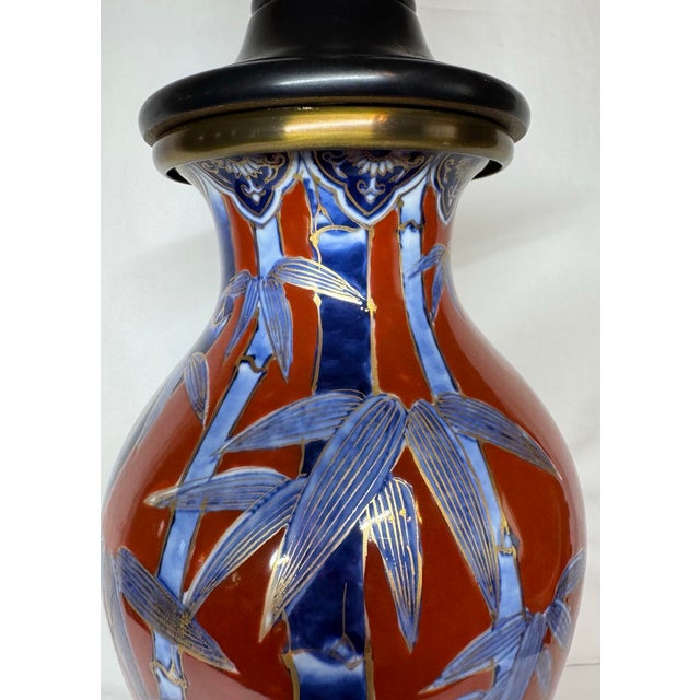 Mid 20th Century Paul Hanson Bamboo Painted Porcelain Chinoiserie Lamp Brick Red Blue Gold For Sale - Image 9 of 12