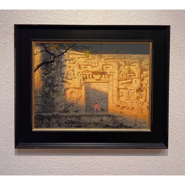 In "Xibalbá," a mysterious scene unfolds before the viewer, depicting a figure in a flowing pink garment standing before a...