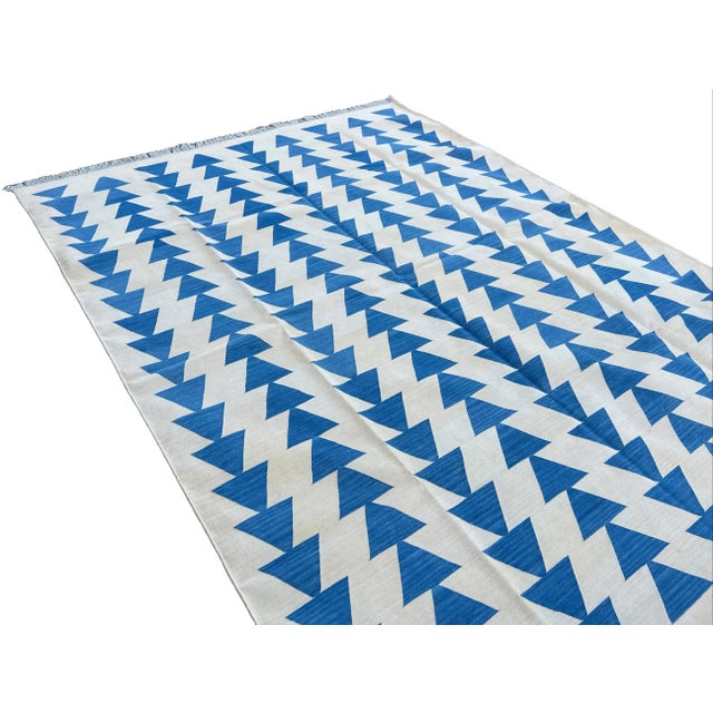Textile Handwoven Cotton Area Rug Vegetable Dyed Cream and Blue Pyramid Patterned Checked Dhurrie - 9'x12' For Sale - Image 7 of 10