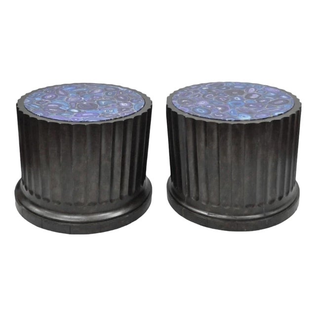 Large Custom Wooden Fluted Column Pedestal W/ Faux Purple Agate Painted Top Pair For Sale