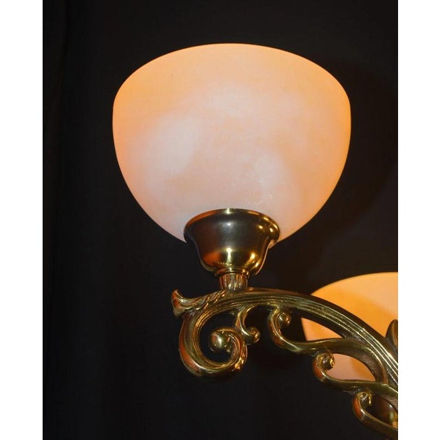 Gold Art Deco Six-Light Chandelier in Brass and Tinted Glass, 1930 For Sale - Image 8 of 18