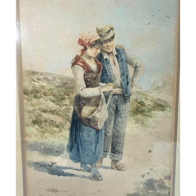 Realism Quality Antique 19th Century Signed Man Lady Woman Realism Watercolor Painting For Sale - Image 3 of 9