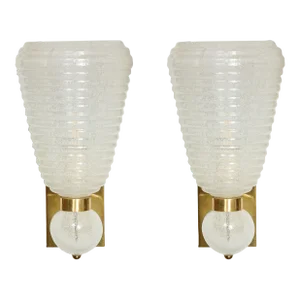 21st Century Modernist Handblown Ribbed Murano Sconces With 24 Karat White Gold Flecks