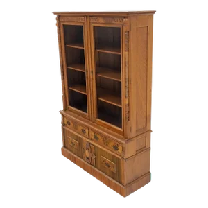 Burl Walnut Adjustable Shelves Two Doors One Drawer Antique Bookcase Cabinet