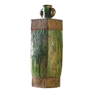Moroccan Tamegroute Green Glazed Vase With Brass Detailing – Handmade Ceramic, One of a Kind For Sale