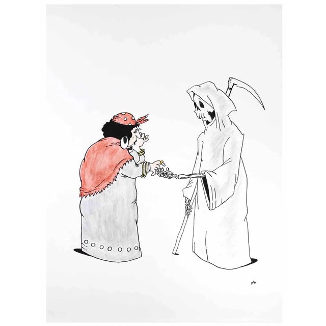 Meeting with Death is a drawing artwork realized by Alexander Dubovsky in the 1980s. Watercolor and ink drawing on paper....