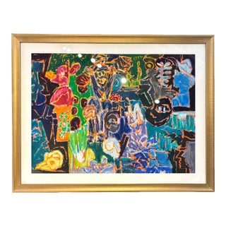Vintage Colorful and Expressive Abstract Gold Framed Oil Painting by Molly Schiff For Sale