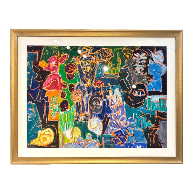 Vintage Colorful and Expressive Abstract Gold Framed Oil Painting by Molly Schiff For Sale