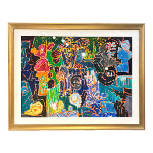 Vintage Colorful and Expressive Abstract Gold Framed Oil Painting by Molly Schiff