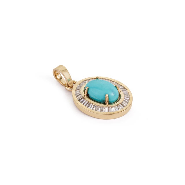 Art Deco 1.43ct Turquoise & Baguette Diamond Halo Pendant in 14k Gold For Sale - Image 4 of 14