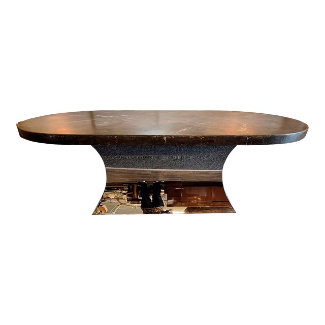 1970s Karl Springer Style Imperial Brown Art Granite and Chrome Base Dining Table For Sale