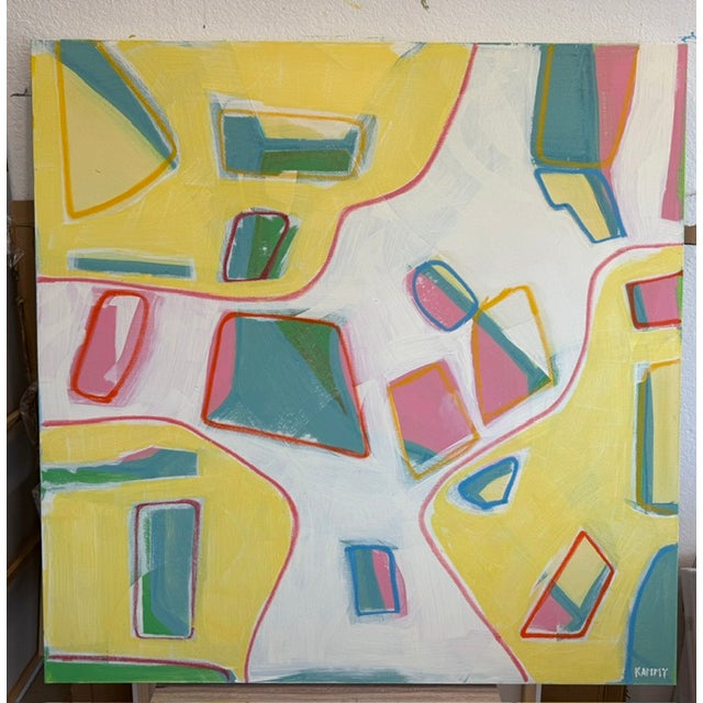 Large Contemporary Abstract Acrylic Painting – Sunny Yellow & Teal Mosaic Expressionism For Sale In Atlanta - Image 6 of 11