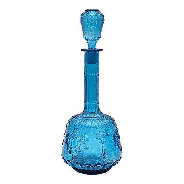 1960s Empoli Italian Blue Glass Genie Bottle Decanter For Sale