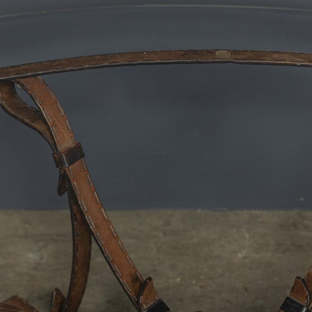 Cold Painted Wrought Iron Strap & Stitch Glass Top Coffee Table, 1980s For Sale - Image 16 of 18