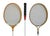 A set of three vintage badminton sports rackets from various makers for decorative use. All are approximately the same...