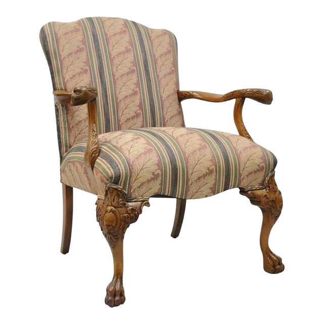 Mid 20th Century Vintage Georgian Style Carved Mahogany Figural Faces Paw Foot Lounge Arm Chair For Sale
