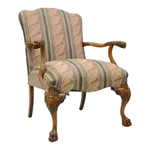 Mid 20th Century Vintage Georgian Style Carved Mahogany Figural Faces Paw Foot Lounge Arm Chair
