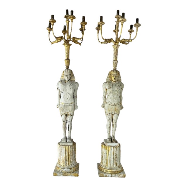 Monumental Egyptian Revival Giltwood Torchères, 19th Century, France For Sale