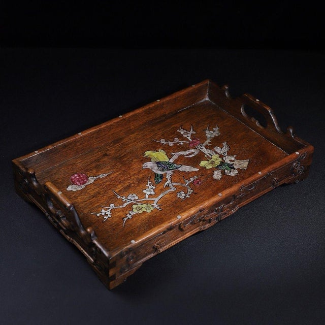 This is an exquisite vintage hardwood tray featuring intricate mother-of-pearl (nacre) inlay and striking architectural...
