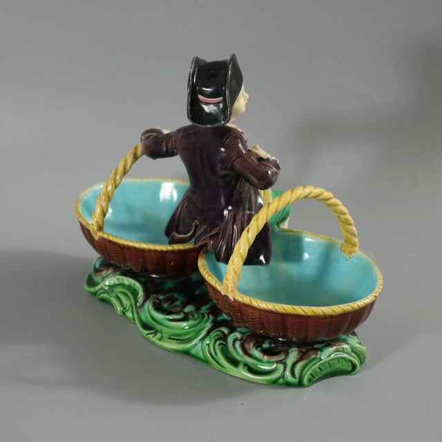 Rare Minton Majolica Figure With Baskets For Sale - Image 6 of 12